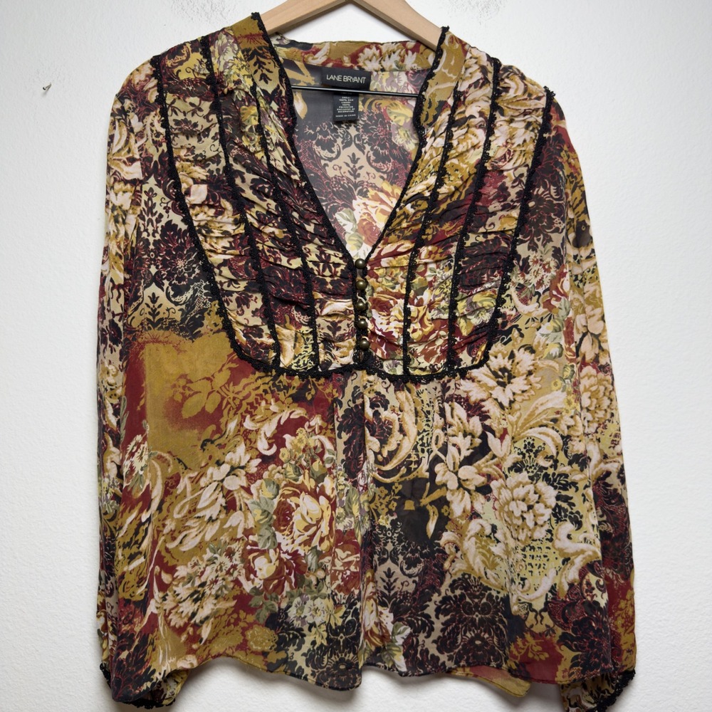 Lane Bryant Women 100% SILK Whimsigoth Top XL Floral Ruffle Cottage Patchwork